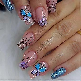 Medium Butterfly French Tip Press-On Nails with Glue, Reusable Acrylic Set