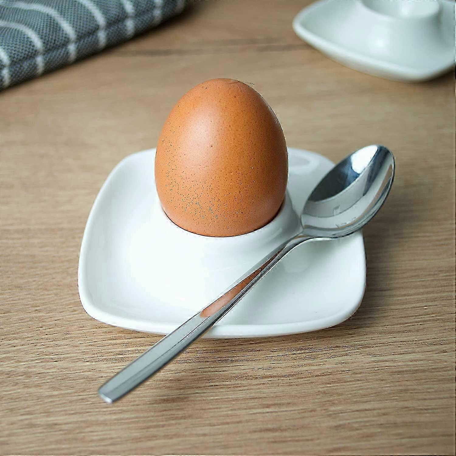 Porcelain Egg Cup Set: 3pcs Stackable Modern Square Design compatible with Kitchen Storage - White