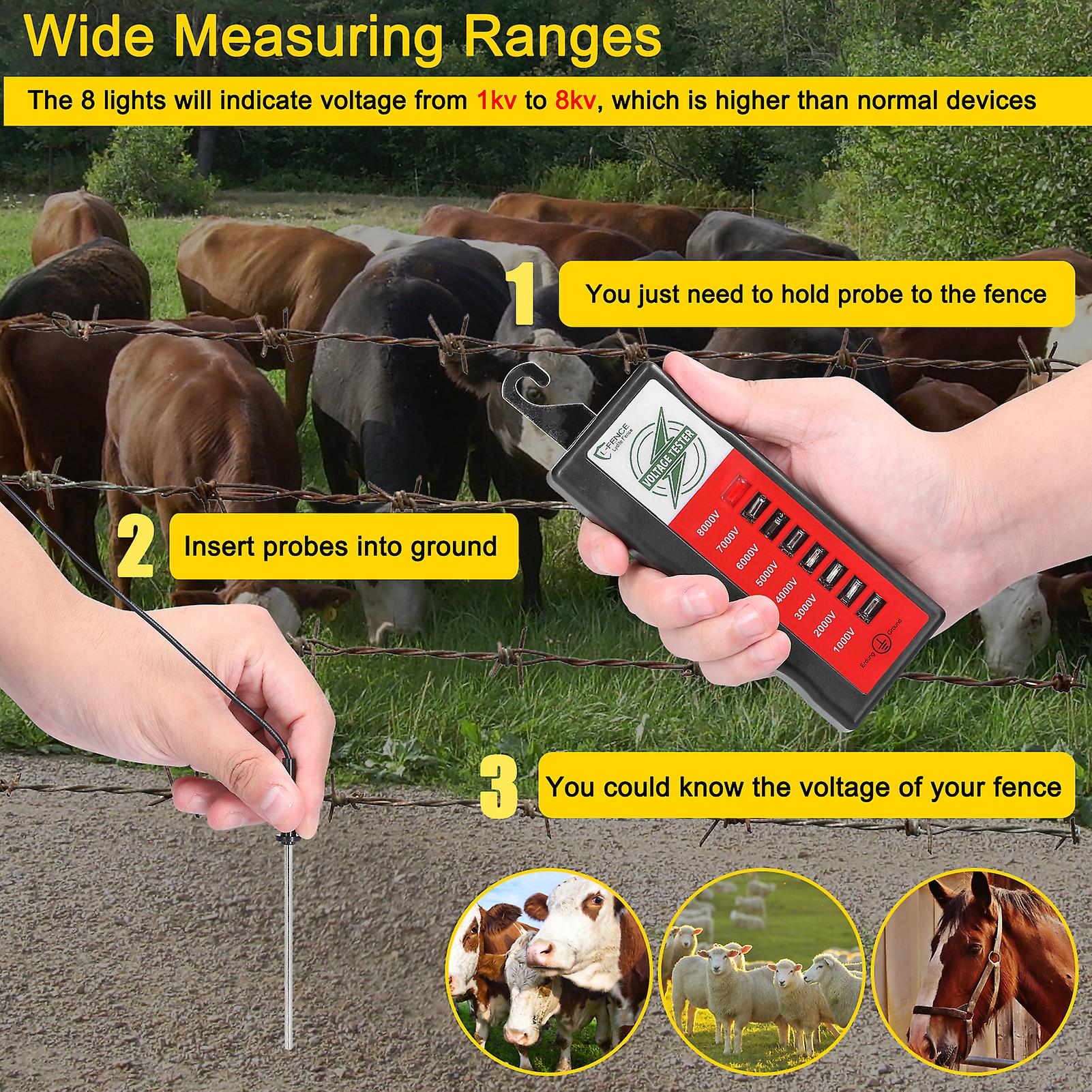 1000v8000v 8led Lights Portable Digital Fence Tester Home Garden Horse