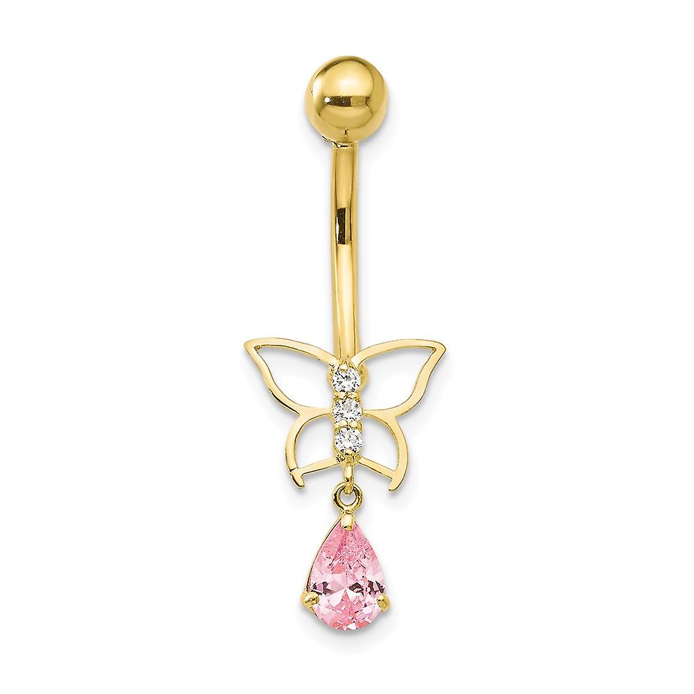 10k Yellow Gold Polished Screw back With Dangle Buttrfly Pink Cubic Zirconia Belly Ring-Dangle 31x10mm Wide Body Piercin