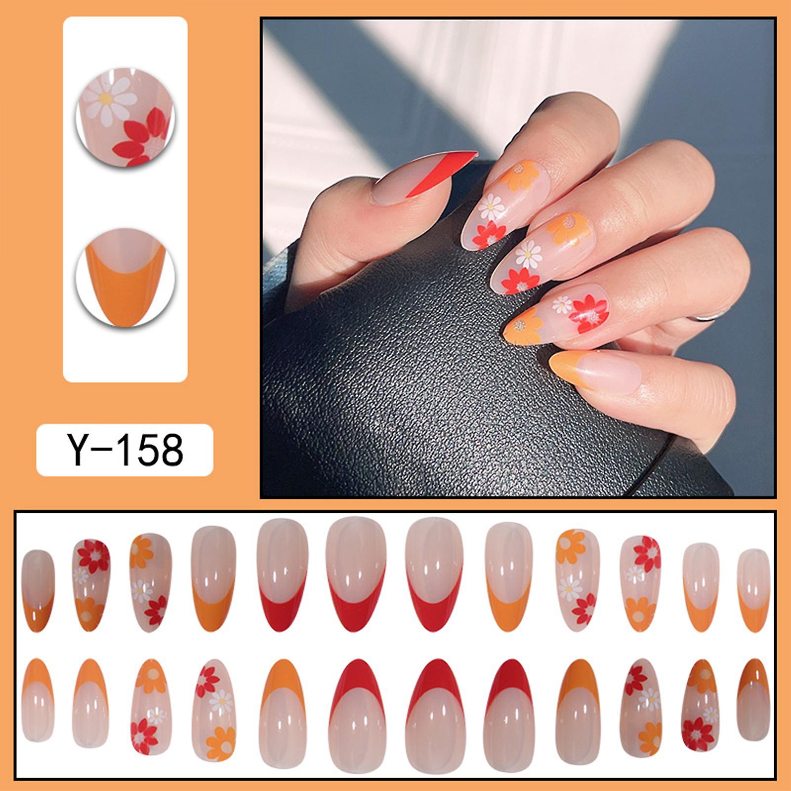 Red And Yellow Flower False Nails Easy To Apply & Remove Nails