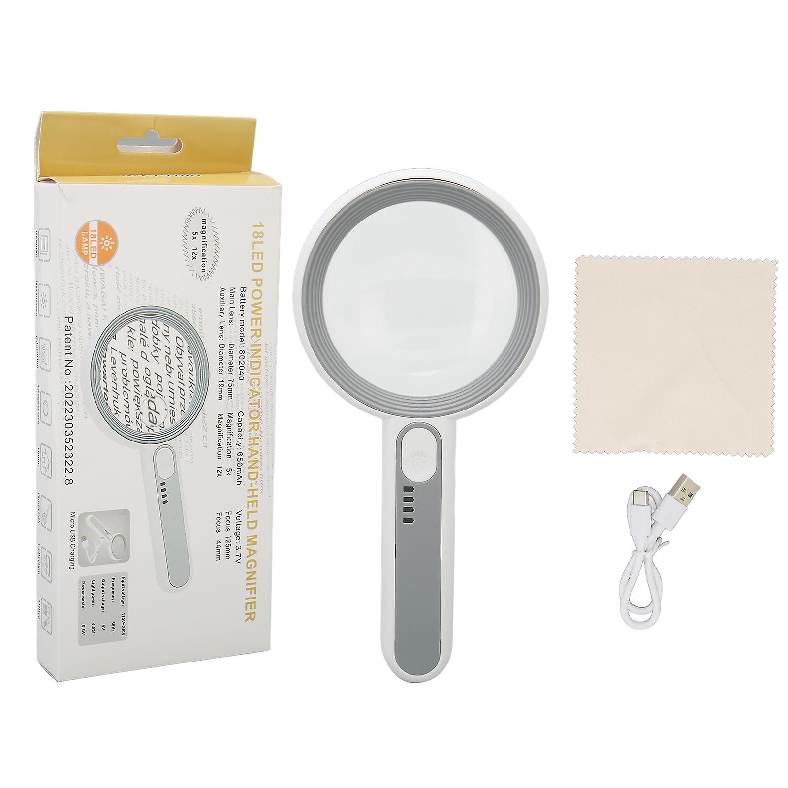 Magnifying Glass 5X 12X Handheld Magnifier with 18pcs LED for Reading Inspection