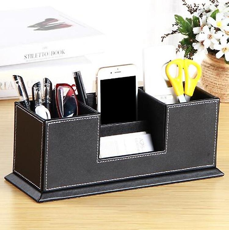Creative Pen Support Fashion Leather Multifunctional Desktop Office Storage Pen Case Socket Double