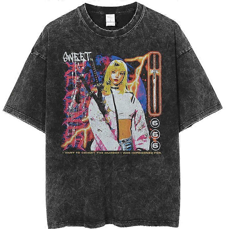 2023 الرجال ملابس الشارع تي شيرت الهيب هوب اللوحة فتاة مطبوعة تي شيرت Harajuku القطن قمم المحملات قصيرة الأكمام خمر غسلها تي شيرت أسود