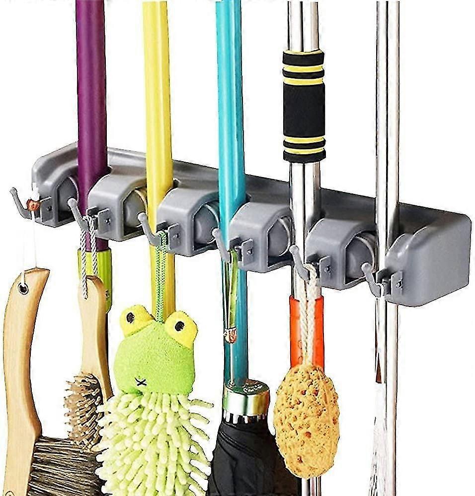 Broom Mop Holder Tidy Organizer, Wall Mounted Organizer with 5 Position 6 Hooks for Brush Mop and Broom Tool Storage