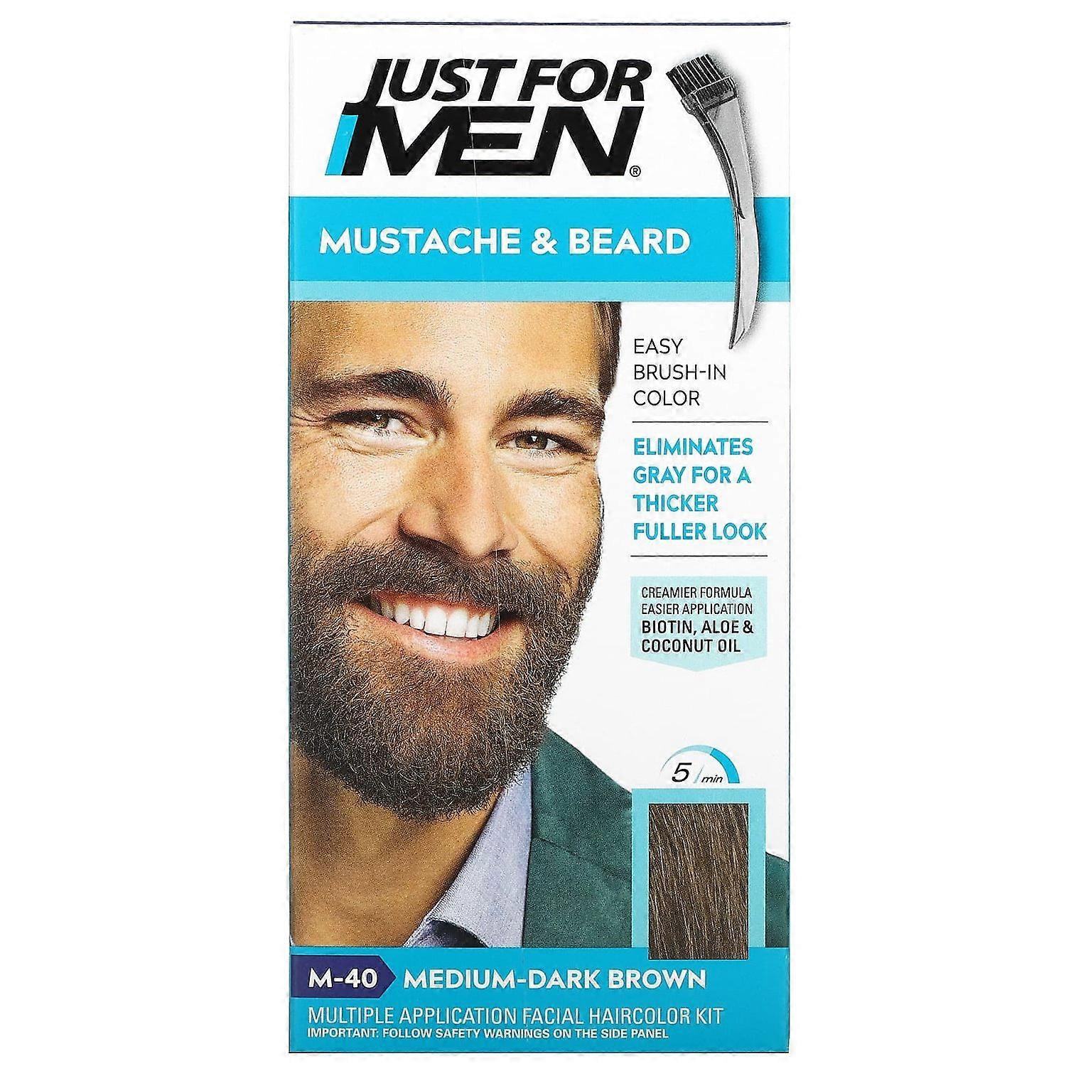 Just for Men, Mustache & Beard, Brush-In Color, M-40 Medium-Dark Brown, 1 Multiple Application Kit