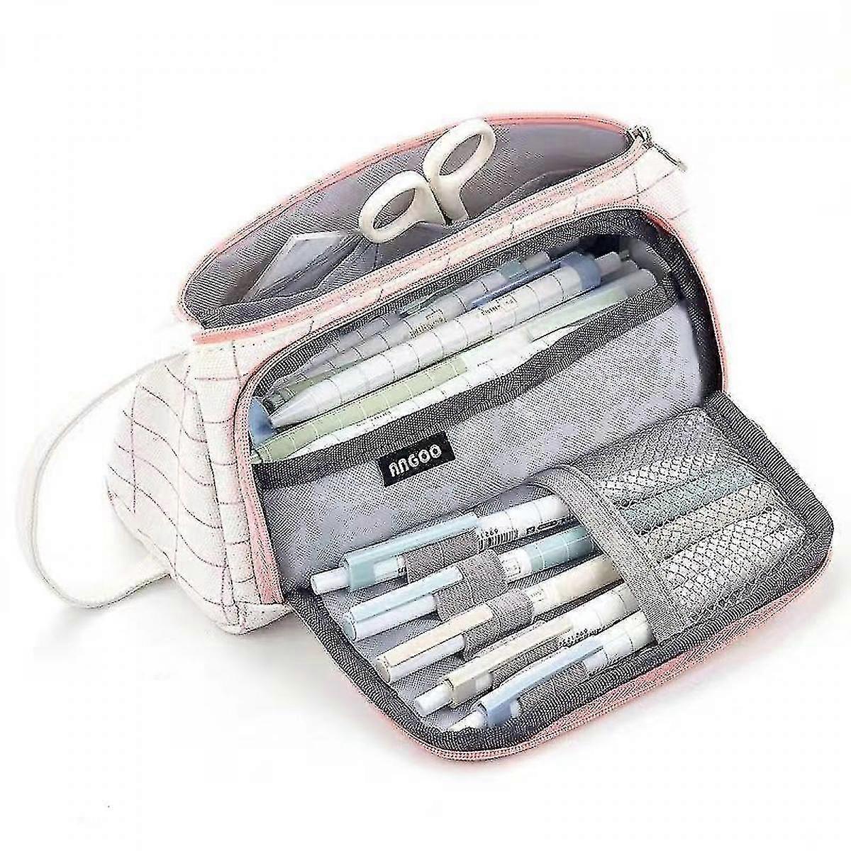 Simple Beige Box Pattern Canvas Multi-layer Large Capacity Stationery Pencil Case