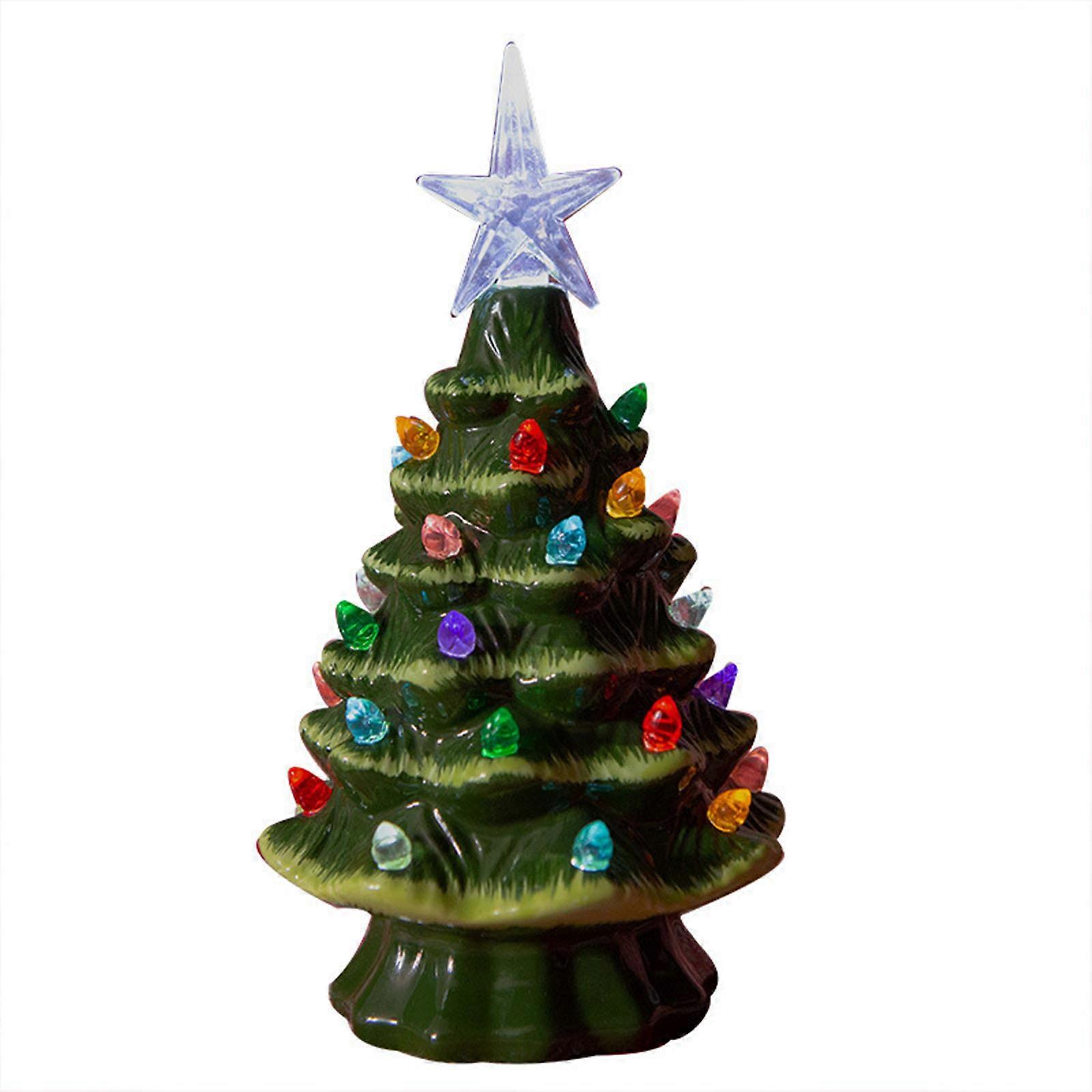 Tabletop Pre-Lit Ceramic Christmas Tree with Hand-Painted Design and Lights
