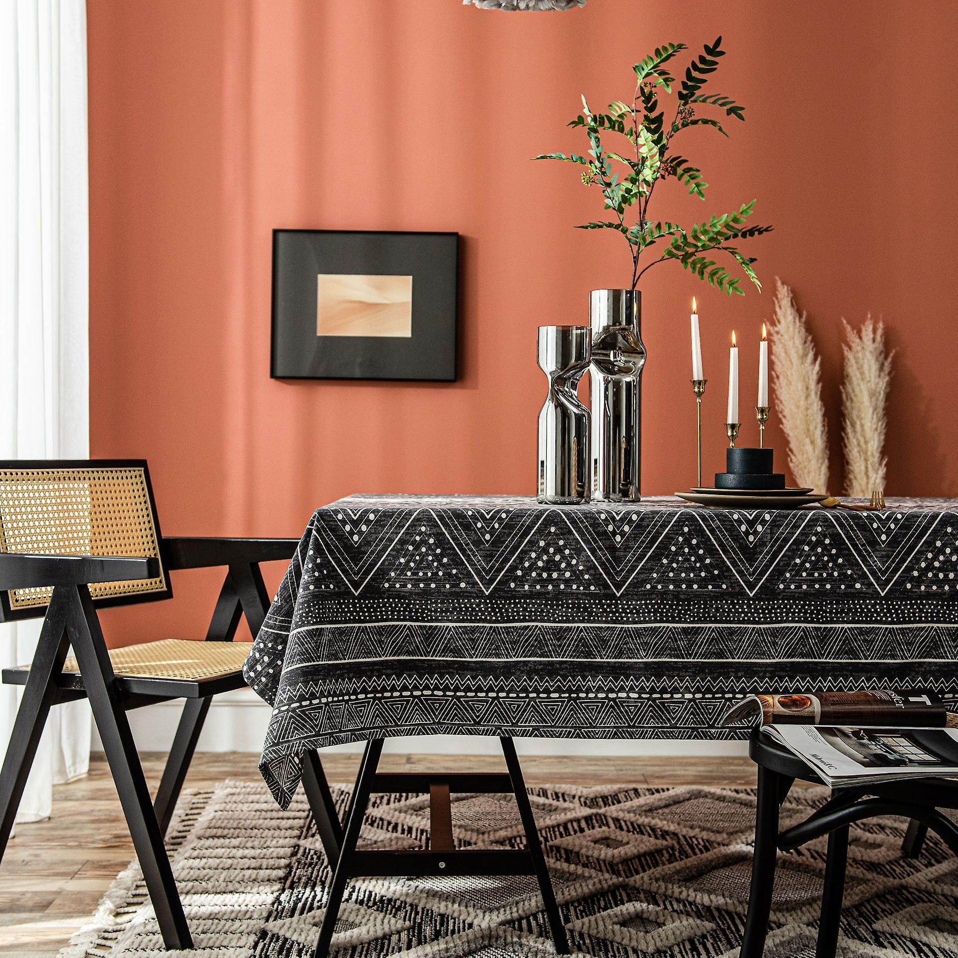Black Tablecloth Geometric Triangle Printed Cotton Linen Rectangular Table Cloth