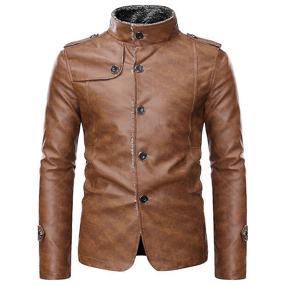 VAWAN Mens Plus Velvet Solid Color Warm Stand-up Collar Leather Jacket