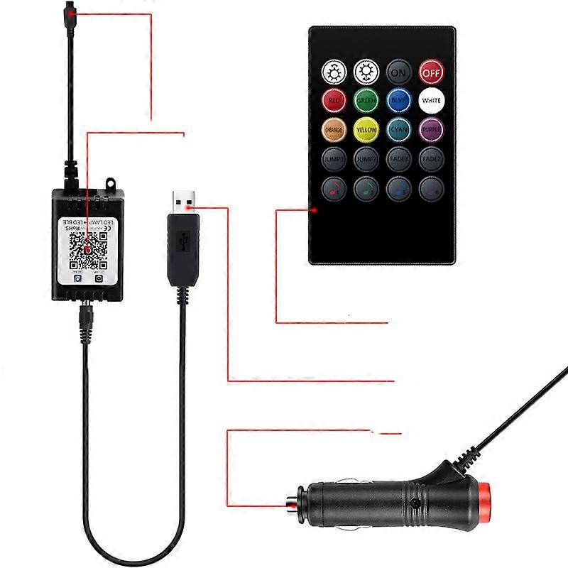 Dww-Lampe d'ambiance voiture USB RGB tlcommande lumire dcorative DIY conversion flexible fibre optique tube 8 couleurs clairage intrieur lumire d'ambi