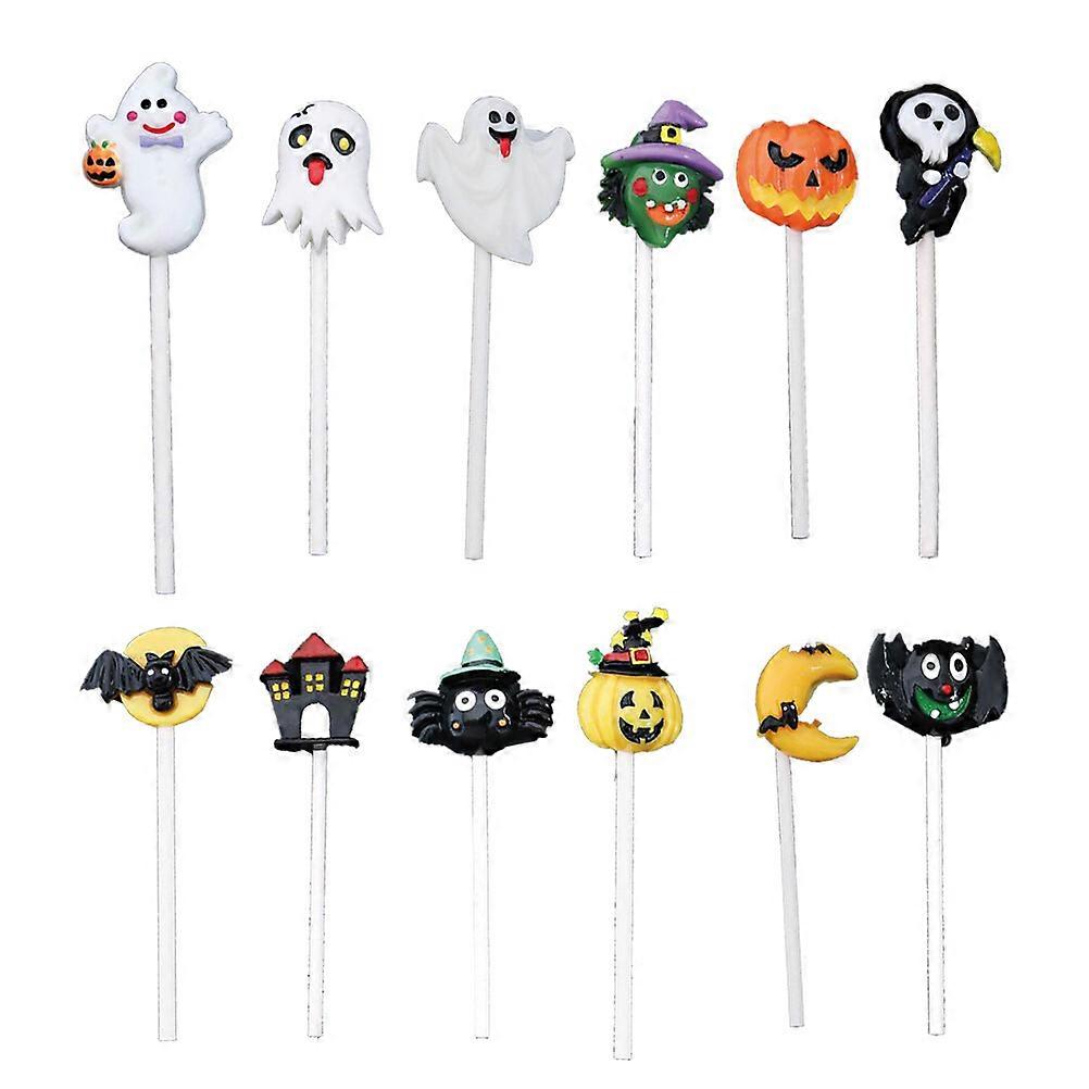 12Pcs Halloween Cake Toppers DIY Cupcake Toppers Insert Cards Castle Ghost Witch Pumpkin Cake Flags (Random Color)