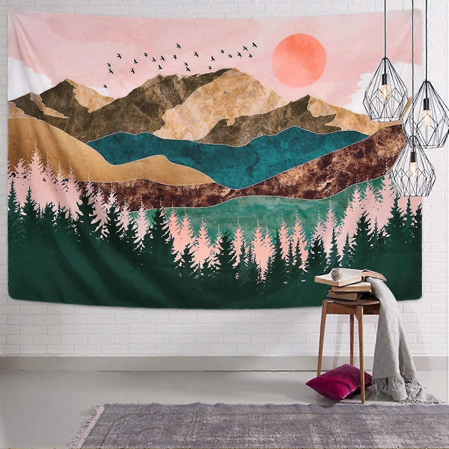 Mountain Tapestry Forest Tree Tapestry Sunset Tapestry Nature Landscape Tapestry Wall Hanging For Room(59.1 X 59.1 Inches)