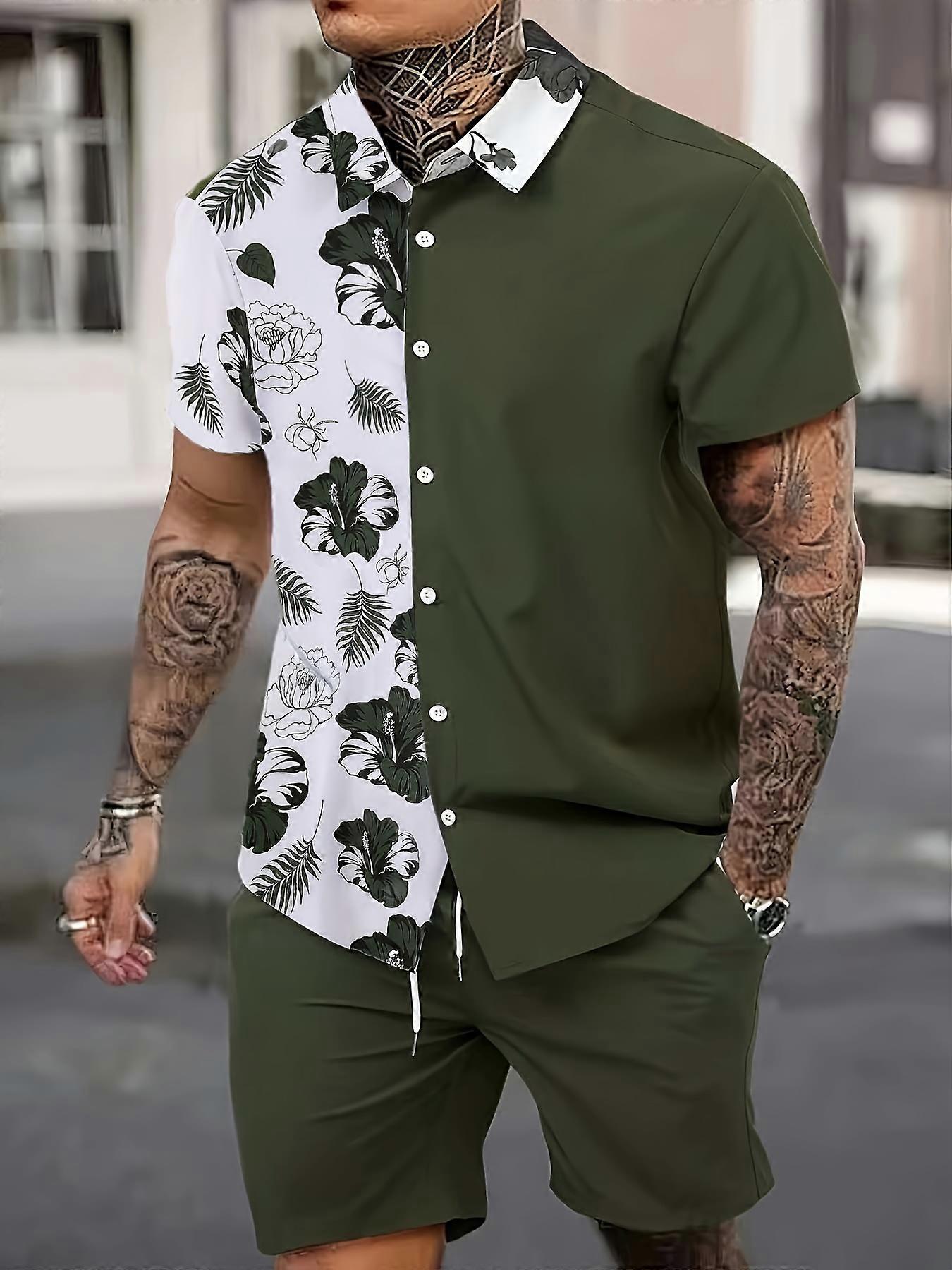 New style 2-piece Men's Stylish Summer Vacation Outfit Set, Men's Floral Print Color Block Short Sleeve Lapel Shirt & Solid Drawstring Shorts Set