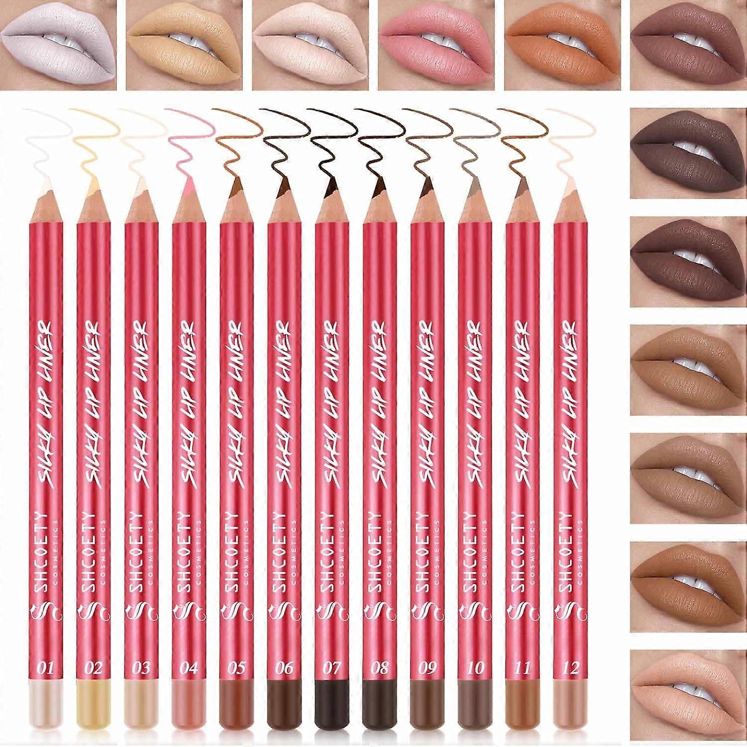 Set di matite per matite per rossetto nudo opaco a 12 colori, set di matite per labbra setose impermeabili altamente pigmentate, set di matite per labbra setose alla ciliegia per le donne