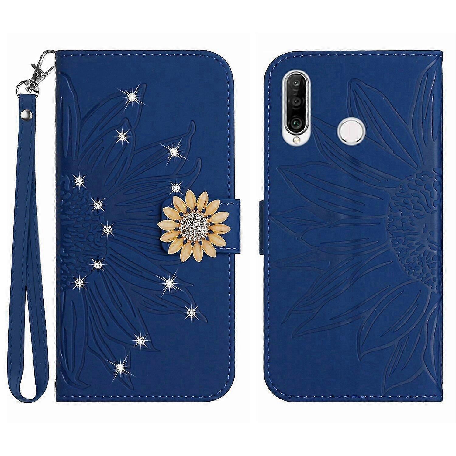 Compatible With Huawei P30 Lite Embossed Sunflower with Diamonds Magnetic Card Holder Wallet Phone Case with Short Strap