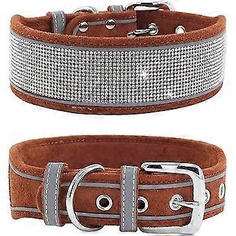Rhinestone Dog Collar, Soft, Comfortable and Fashionable with Bright Reflective Stripes, Diamond Crystal Pet Collar for Small to Medium Dogs Brown S (