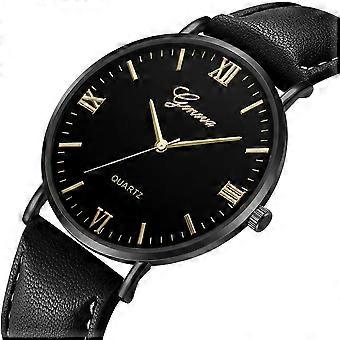 Unisex mannen vrouwen horloge Quartz PU band ronde glazen wijzerplaat polshorloge (zwart zwart goud)