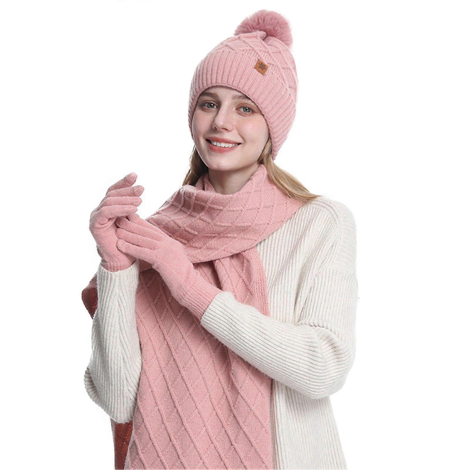 3Pcs/Set Winter Hat Scarf Gloves Set Women Plush Ball Decor Beanie