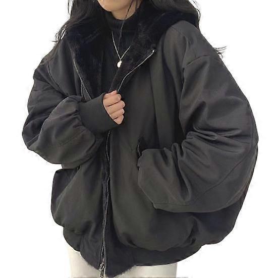 Women Fall Winter Coat Thick Soft Plush Solid Color Hooded Zipper Closure Warm Windproof Elastic Cuff Pockets Casual Couple Jacket