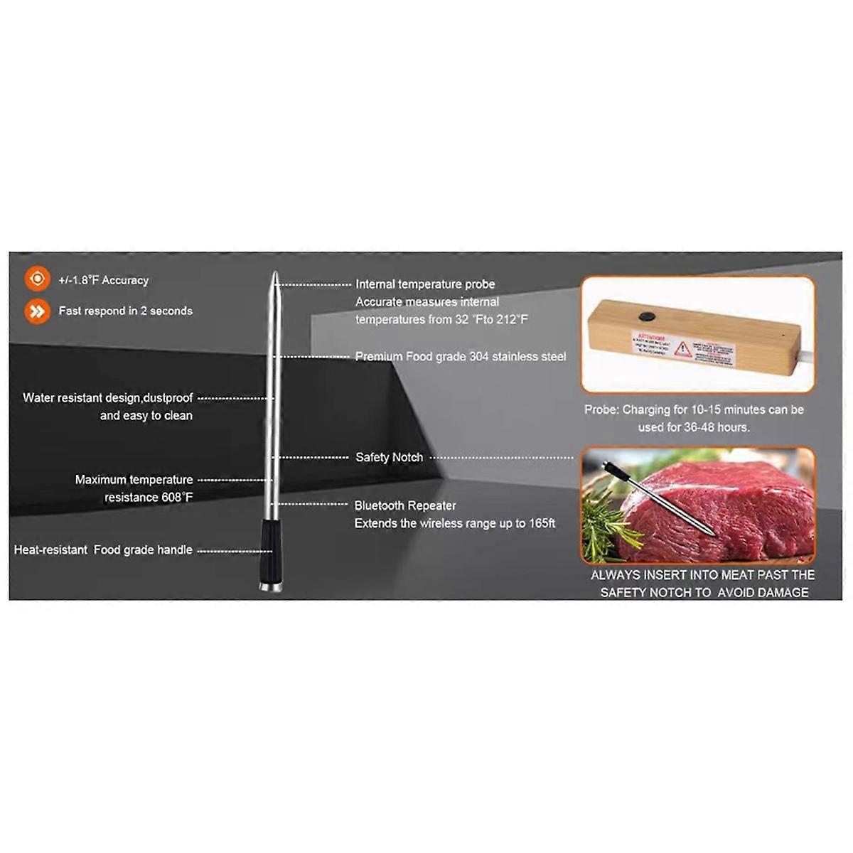 Wireless Meat Thermometer Waterproof Probe Bluetooth Food Thermometer Support APP Remote Real-Time