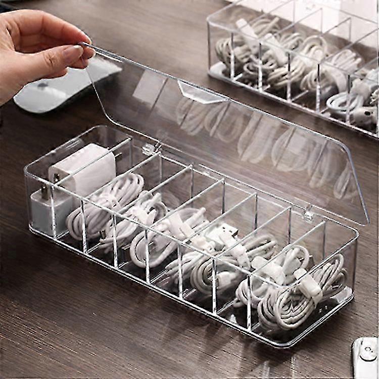Charger Storage Box, Plastic Cable Management Box with 10 Wire Ties, 8 Compartments