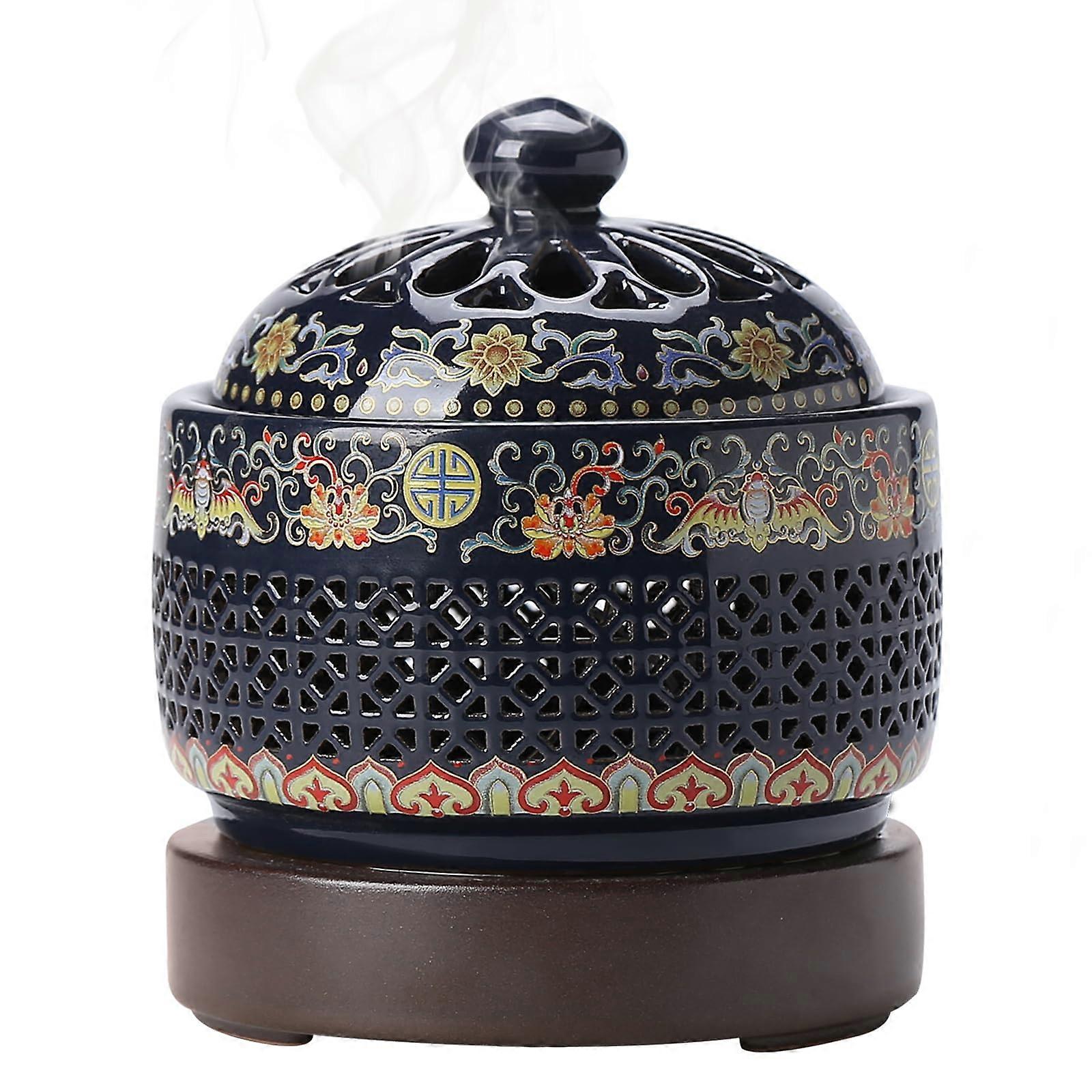 Ceramic Holder Electric Incense Burner with Enamel Finish, LED Simulated Flames, Classical Hollow Design, Elegant Style