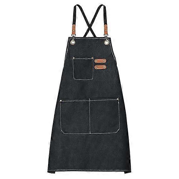 Black Canvas Chef Apron Adjustable Straps Cross Back Kitchen Cooking Apron with 3 Pockets