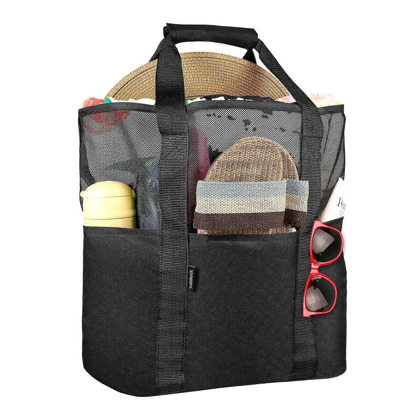 Cabilock Mesh Beach Bag Tote Bag Foldable Grocery Storage Bag with Extra 6 Exterior Pockets (Black)