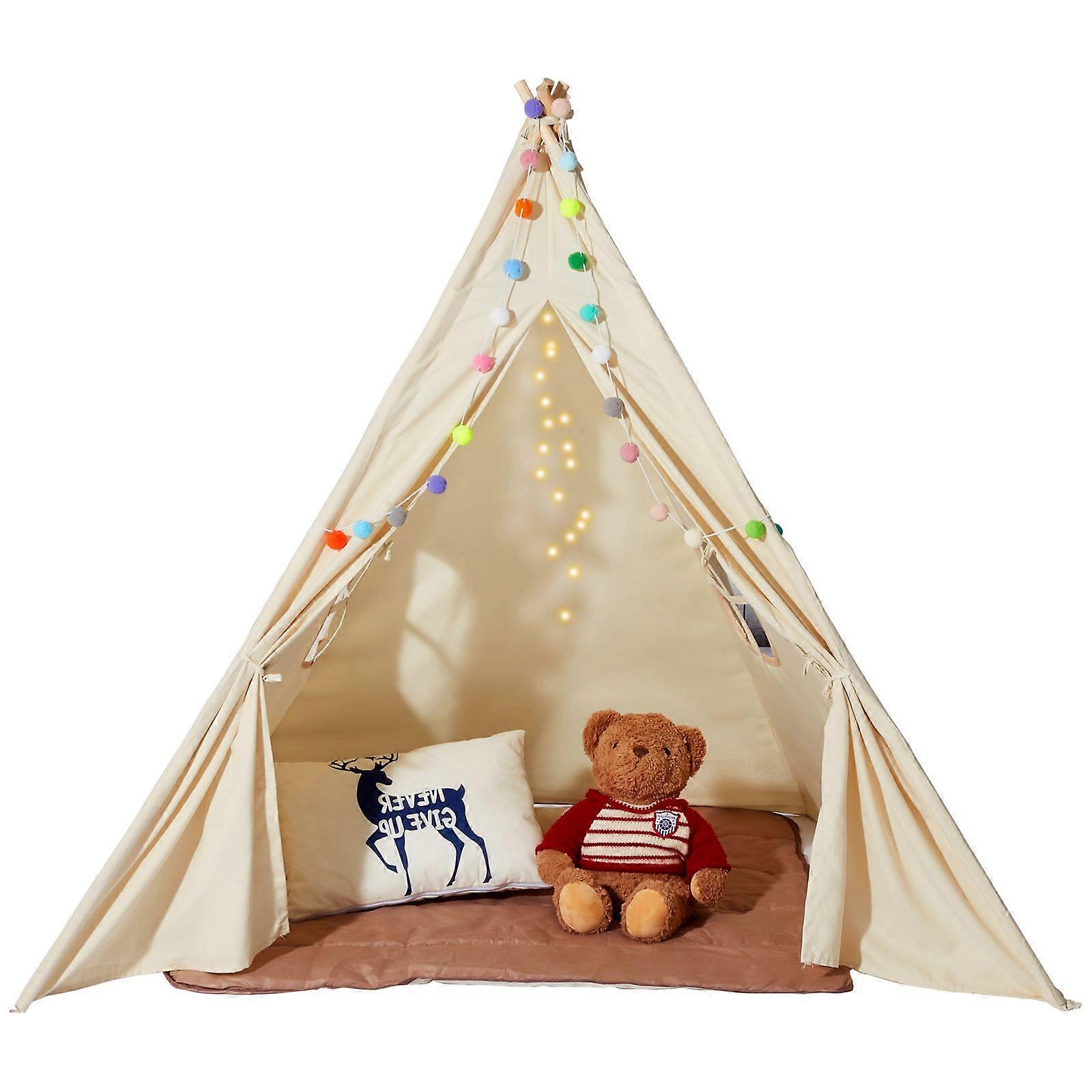 Παιδική Σκηνή, Teepee Σκηνή για Παιδιά 1-5 Ετών, Παιδική Σκηνή με Ψάθα και Βελούδινες Διακοσμητικές Μπάλες, για Αγόρια και Κορίτσια, Μπεζ