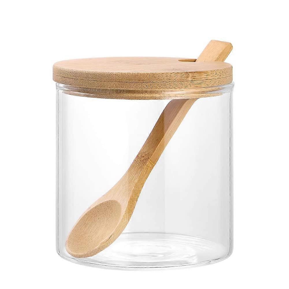 FülleMore 300 ml Spice Jar with Wooden Spoon and Lid, Borosilicate Glass Salt and Sugar Container for Kitchen Storage