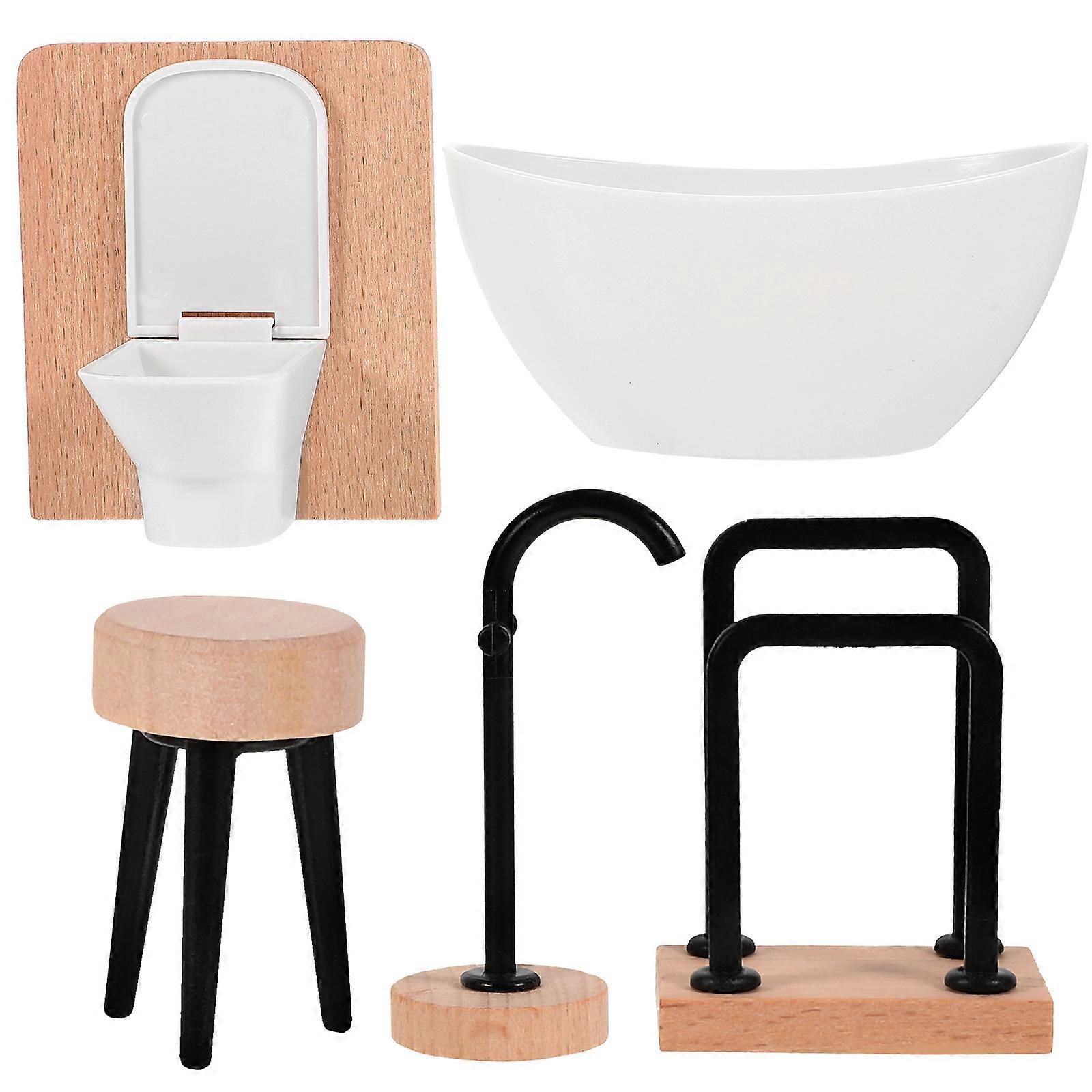 5pcs Scale Dollhouse Accessories with Toilet, Bathtub, Vanity Stool, Faucet & Towel Rack for Imaginative Play & Skill Development