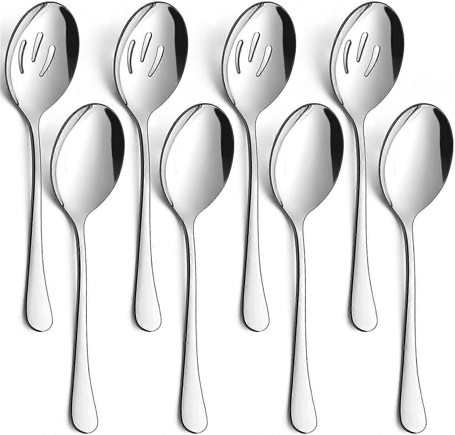 Serving Spoons Set, 4 Large Serving Spoons, 4 Slotted Serving Spoons, Stainless Steel Buffet Dinner Restaurant Serving Spoons, 8.5 Inch (Silver)