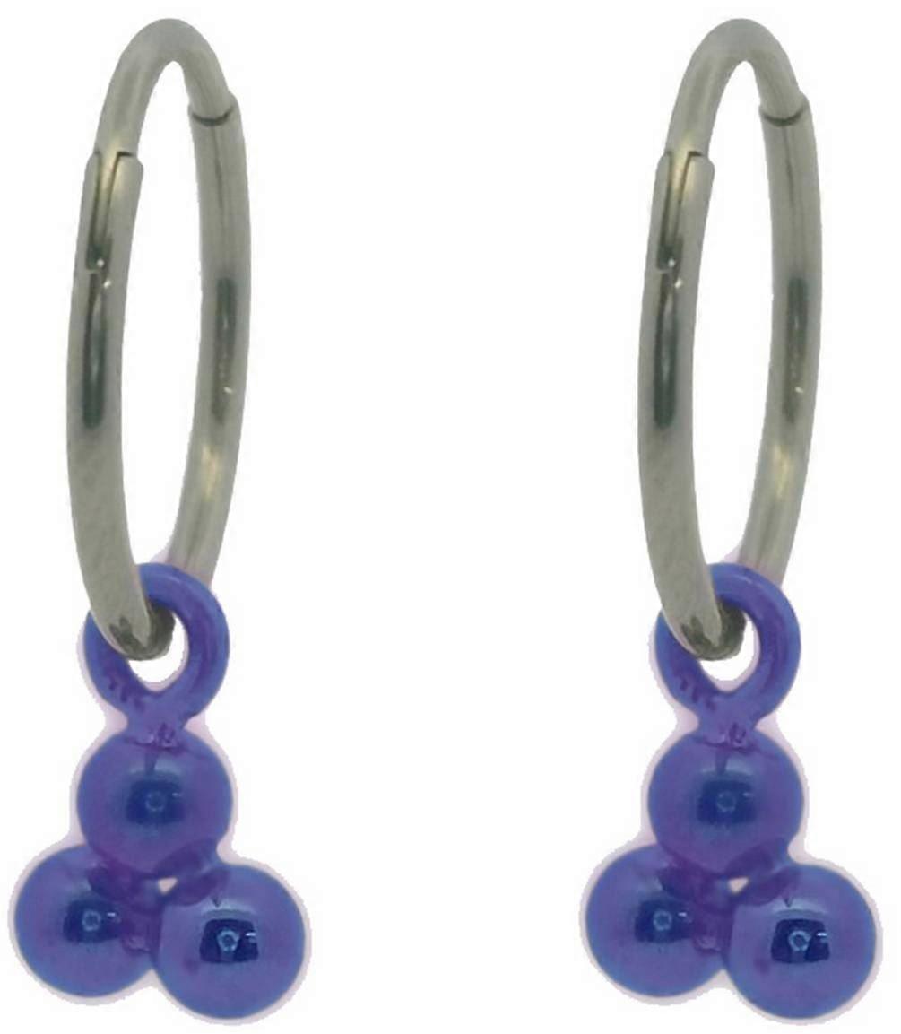 Ti2 Titanium Triple Bead Charm Hoop Earrings - Purple