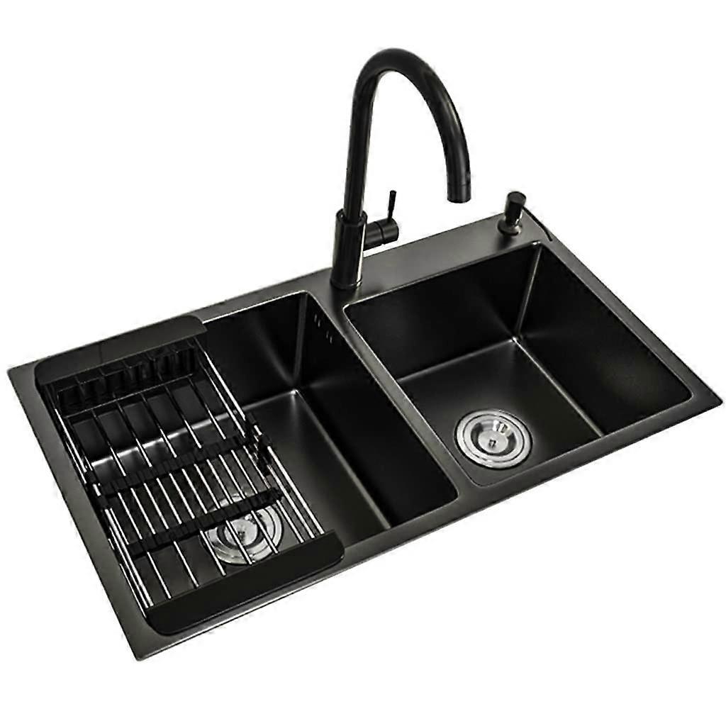 Kitchen sink, double bowl 304 stainless steel in nanoblack with round faucet and drain assembly/Black/72*40*22cm