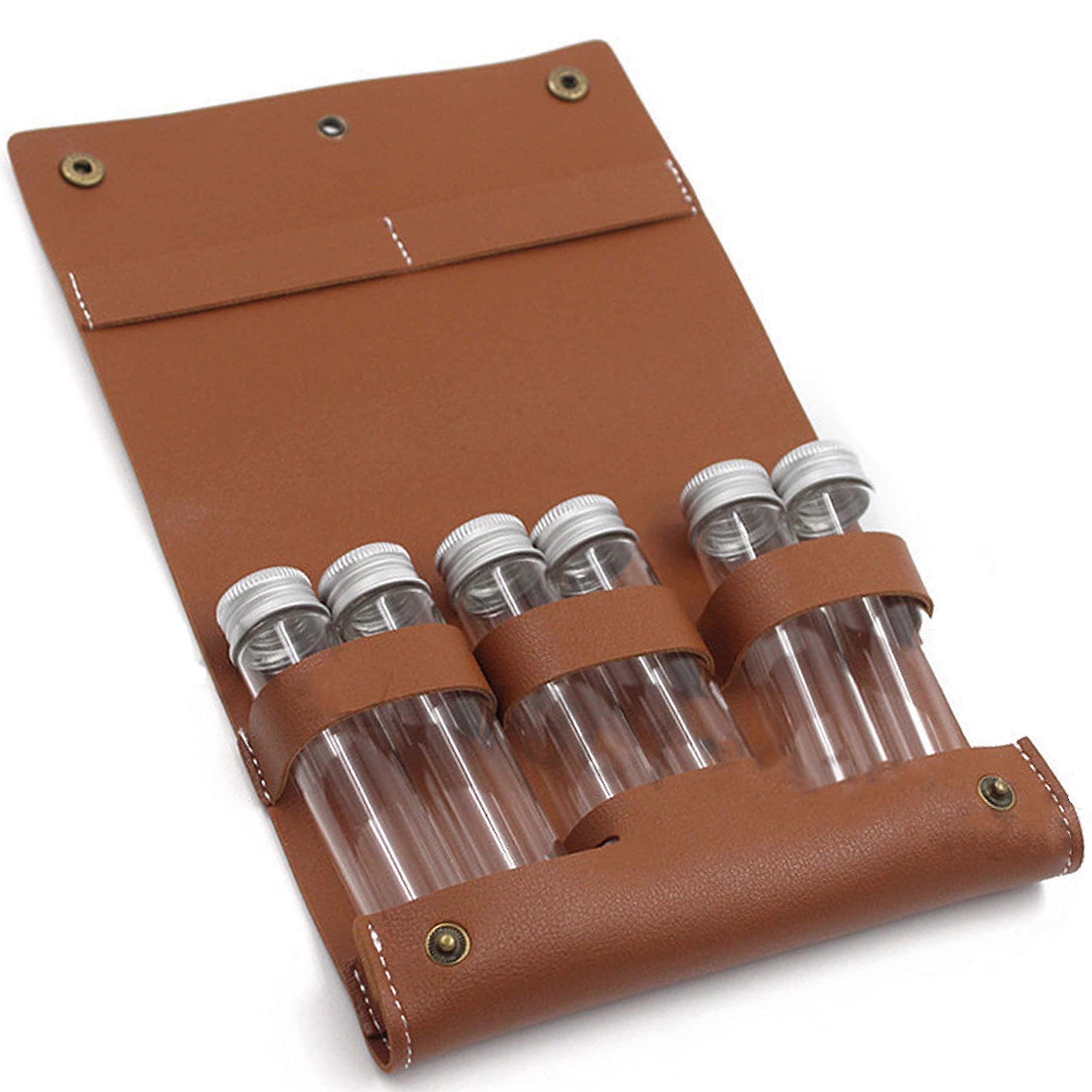 Porcelain spice jar set, foldable spice storage bag set with 6 spice bottles, 15.3 * 12 * 2.5 cm, brown