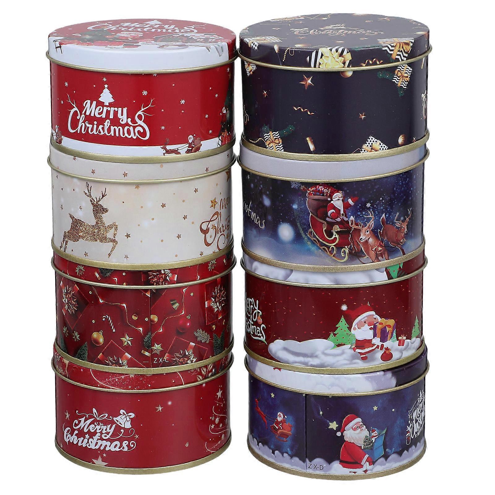 Christmas Card & Candy Storage Tin Boxes Set 8pcs Metal Tinplate Containers with Lids for Cookies, Jewelry, Snacks, and Holiday Treats
