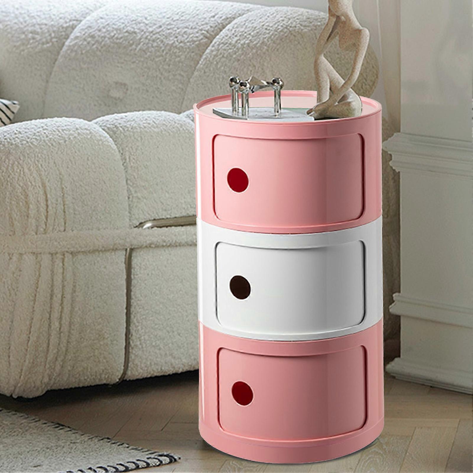 Nordic Style Round Bedside Table Plastic Storage Cabinet, Pink White, 3 Layers