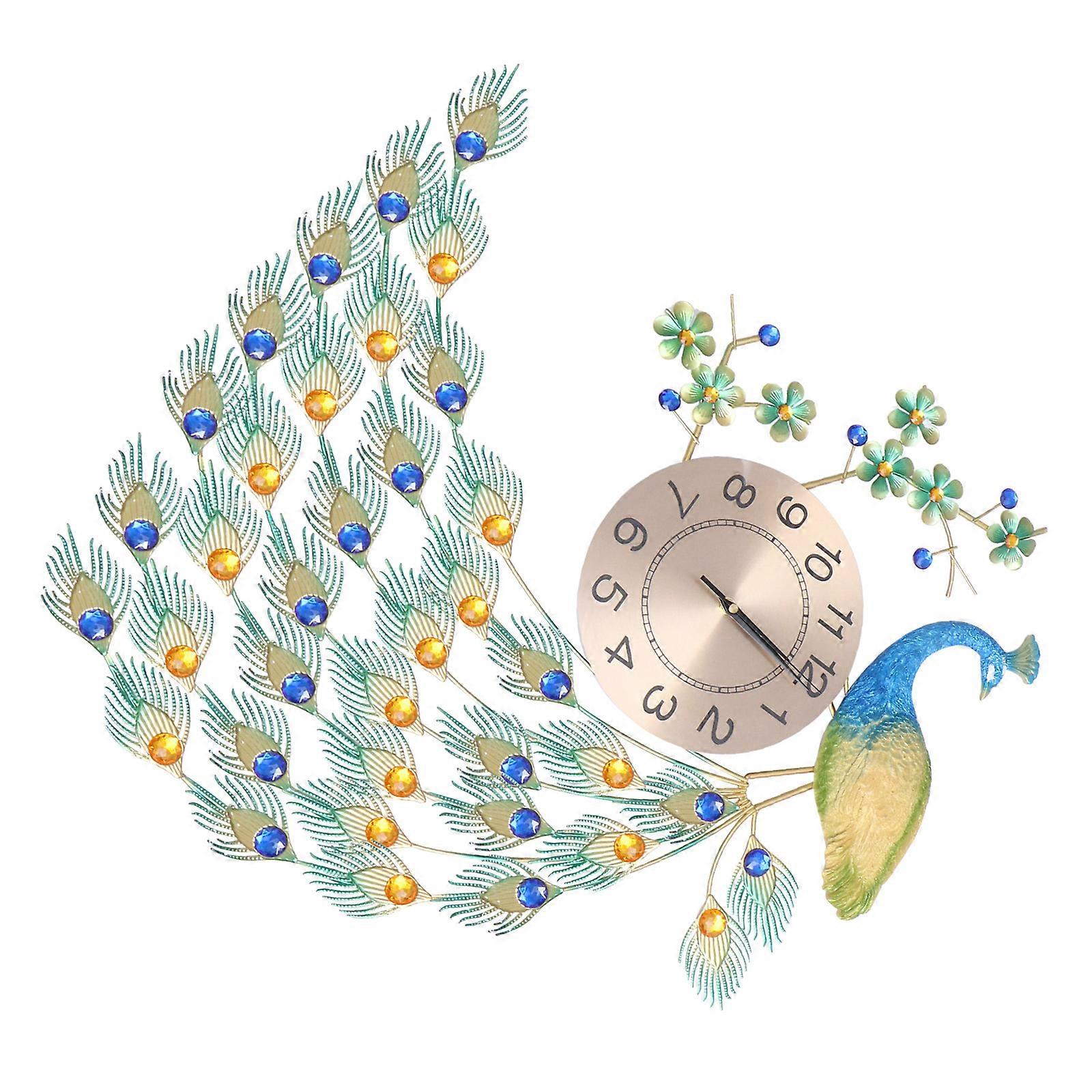 Wall Hanging Clock Silent Movement Peacock Design Large Decorative Home Clock No Battery Included