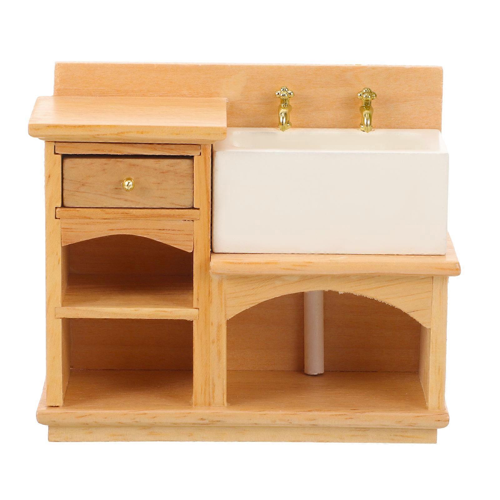 Chocolate Wood Mini Sink Cabinet Doll Furniture Decorative Accessory for Mini House 7.5x5.5x3 Inches