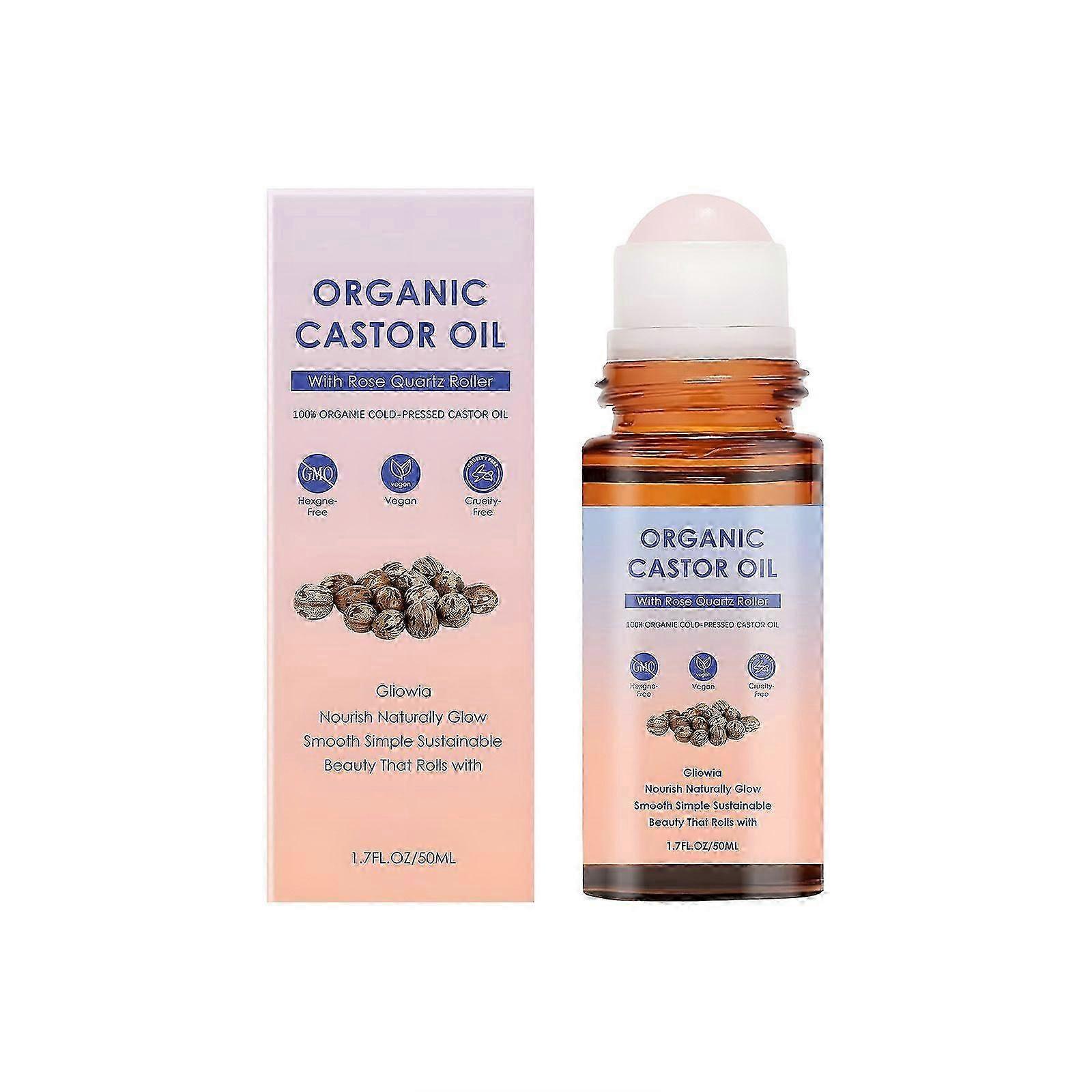 Organic Castor Oil Roll-On with Rose Quartz, 100% Pure Cold-Pressed & Unrefined, Hexane-Free, For skin, Eyebrows and Eyelashes, 50mL