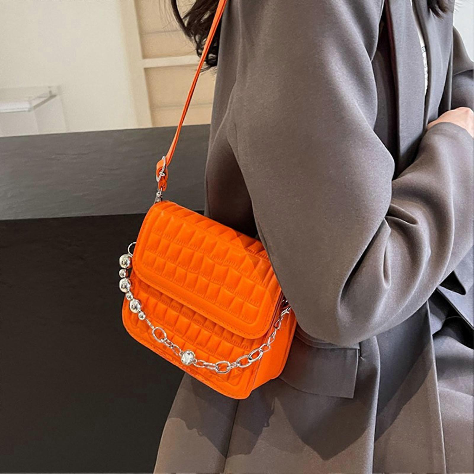 Small Square PU Shoulder Messenger Bag with Zipper Chain, Orange