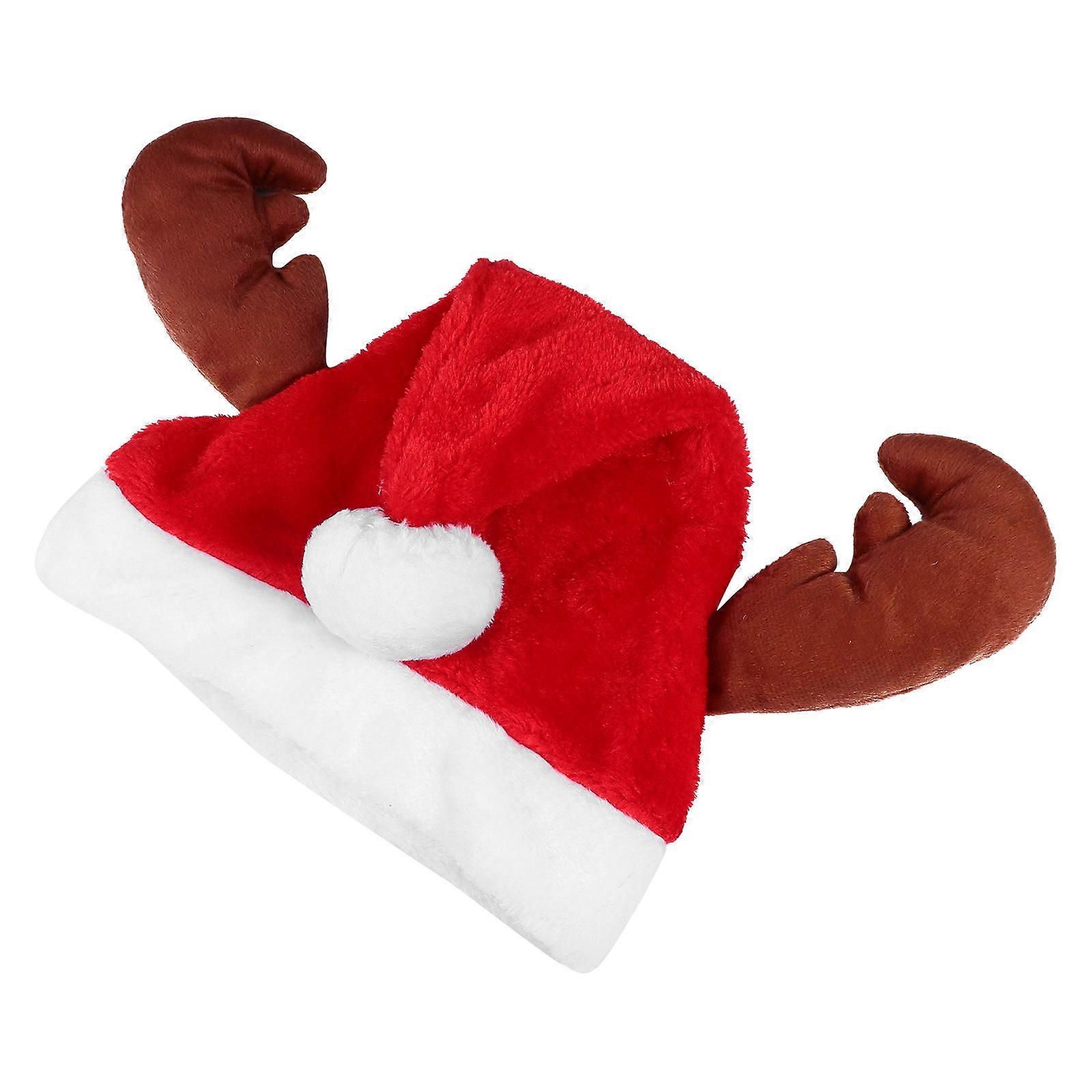 Red Plush Christmas Hat with Antlers for Party Decoration and Performance 1pc