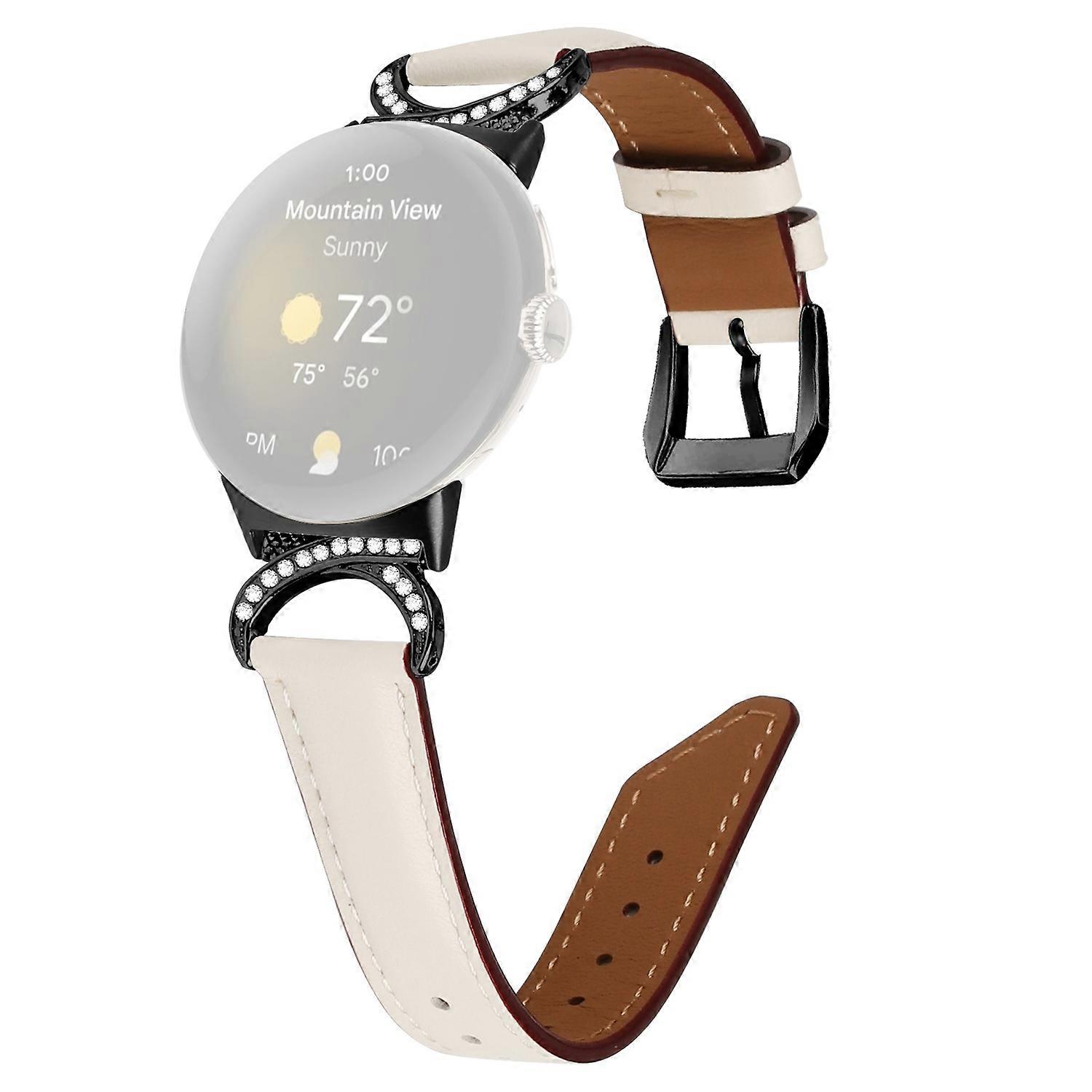 For Google Pixel Watch 3 41mm/Watch 2/Pixel Watch Rhinestone Decor D-Shape Connector Split Leather R