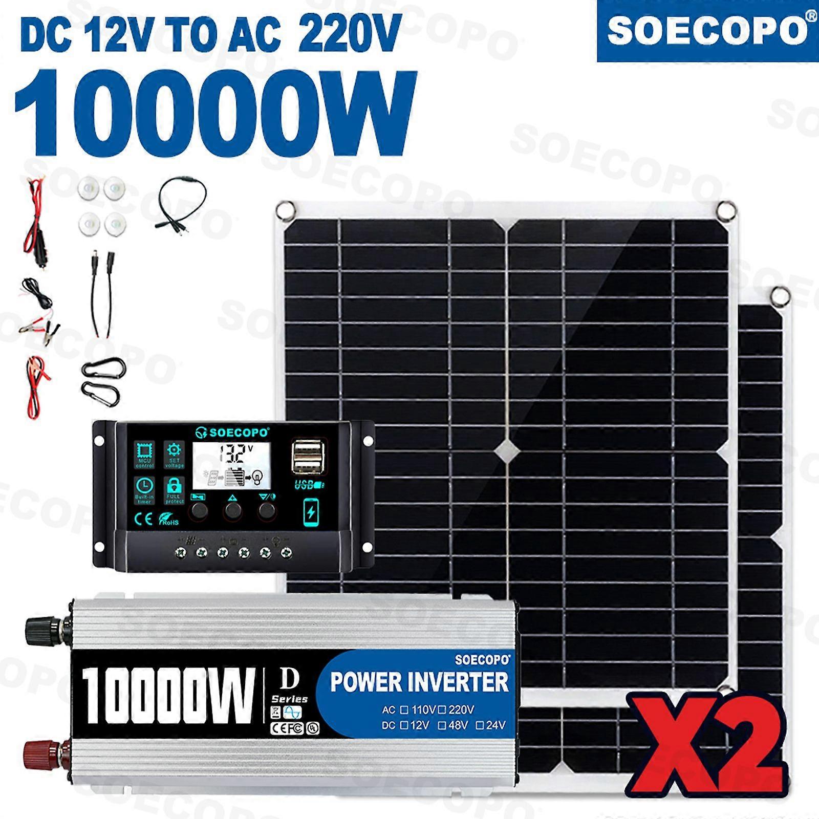 10,000W High-Power Solar System Kit | 12V Input to 110V/220V Output | 2 Solar Panels + Controller