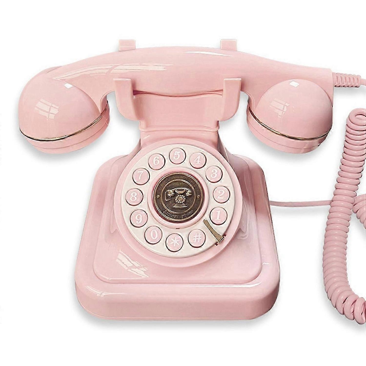 Retro Style Wired Dial Telephone Plug-in Home Fixed Landline Pink