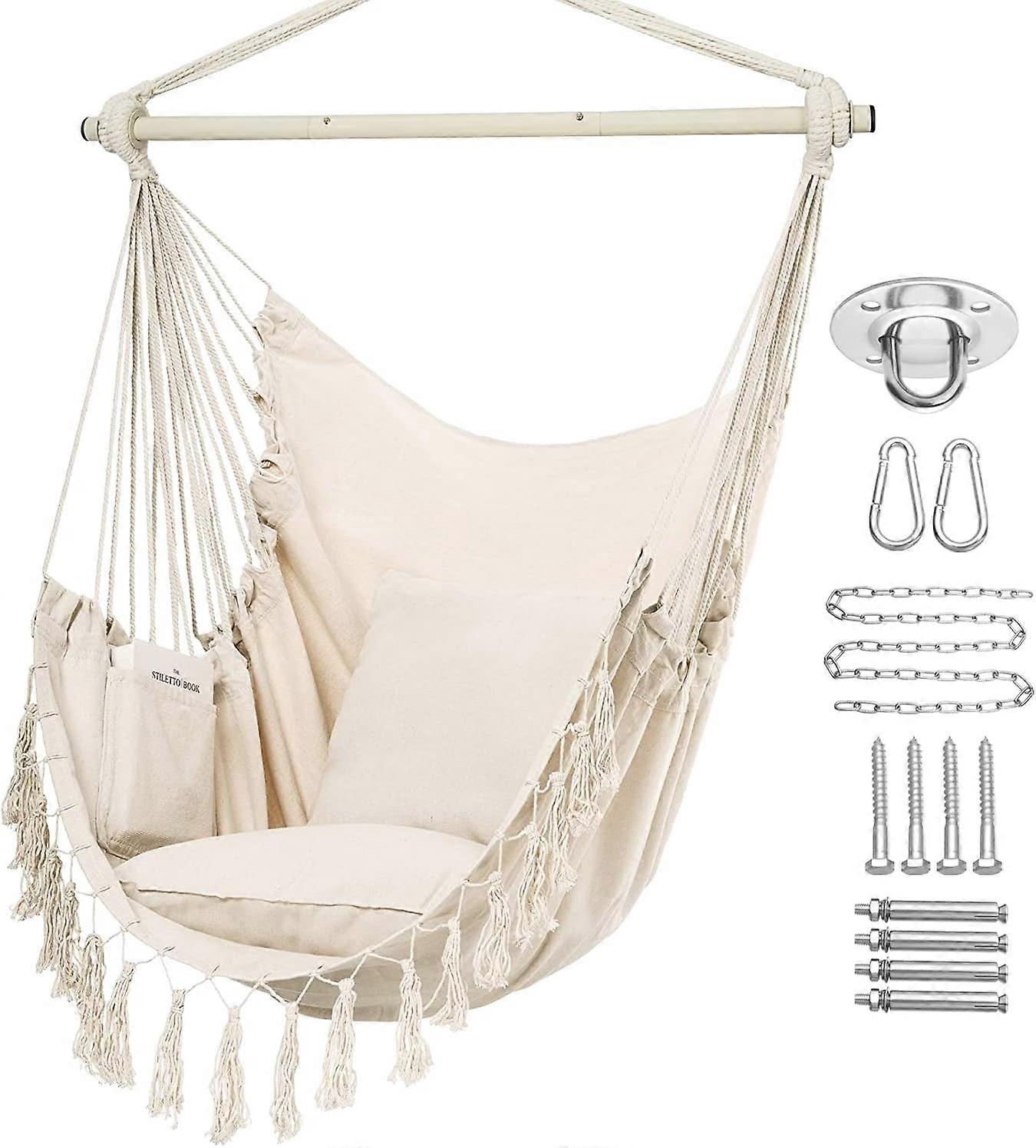 Hammock Chair Hanging Rope Swing, Large Hanging Chair With Pocket And Tassels,cushions For Superior Comfort, With Hardware Kit (beige)
