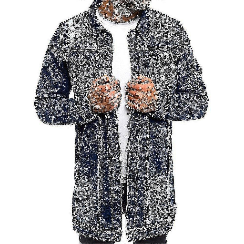Herren Lange Jeansjacke Long Eeve Distressed Oberbekleidung Shacket mit Taschen