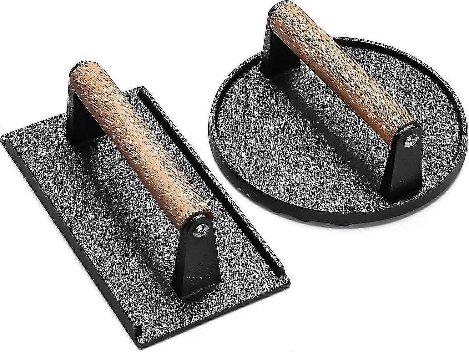 Burger Press, 7" Round & 8.2"X4.3" Rectangle Heavy-Duty Cast Iron Smash Bacon Press Meat Steak with Wood Handle for Griddle, Sandwich, Nonstick P