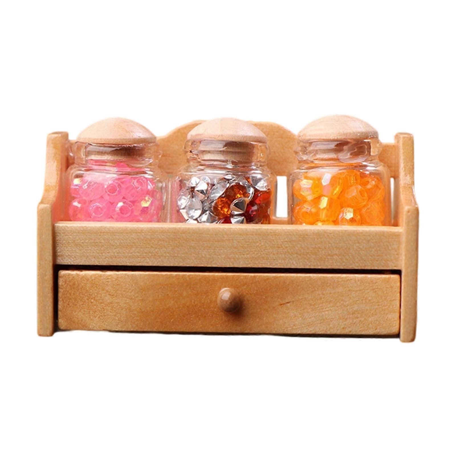 Miniature Wood Spice Shelf With Sealed Jars For 1/12 Scale Doll House Kitchen Display And Scene Display Decoration  Log color